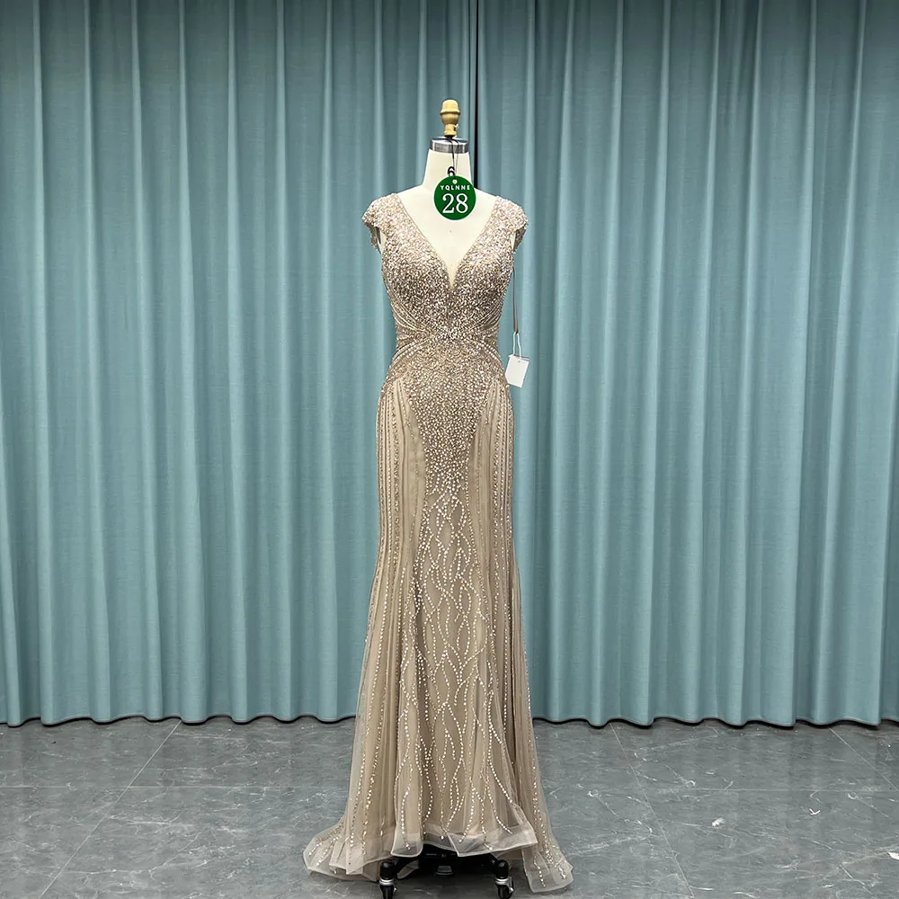 

YQLNNE 028 Caramel Handmade Crystals Beaded Evening Dress Mermaid Pageant Gown Cap Sleeves