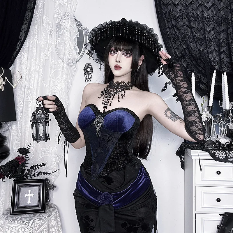 

Fashion Velvet Sexy Strapless Corset Top Women Outfits Mall Gothic Halloween Embellished Sleeveless Crop Tops Vintage