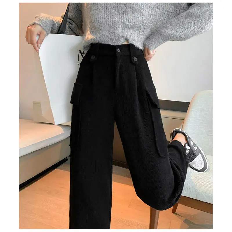 Coffee Colored Corduroy Casual Pants for Women American Style Leg Cinching Cropped Pants Thick Haren Long Pants