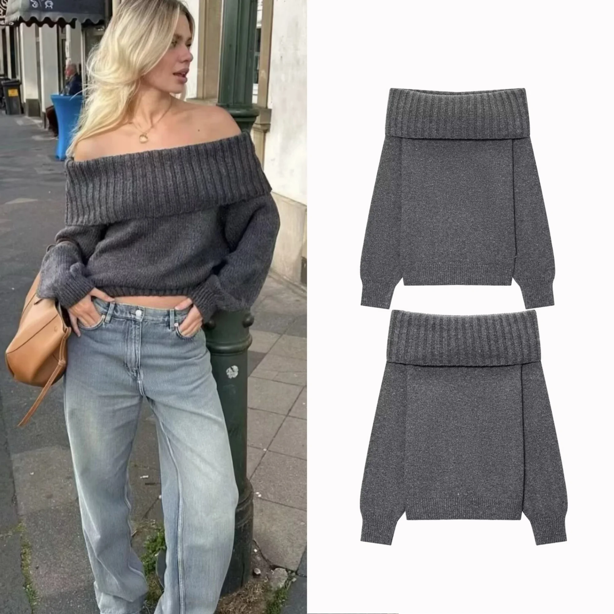 

Women Boat Neck Fashion Solid Off Shoulder Sweater Long Sleeve Knitted Pullover Sweater Autumn Female Casual Knitwear Chic Top