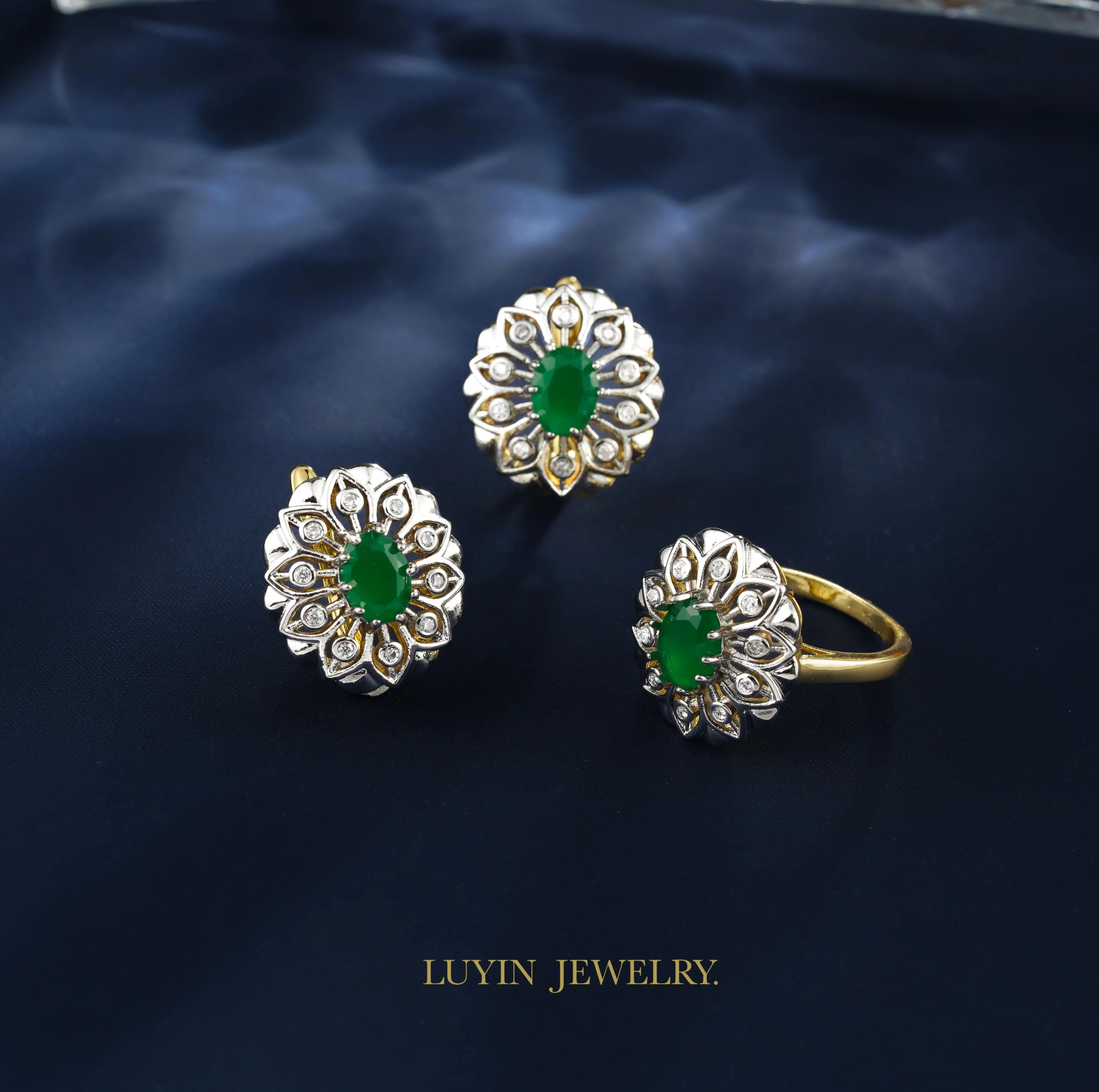 

Floral Style Inlaid Main Green Zircon Fashion Jewelry Sets Women's Earrings Ring Copper plating 2 Color 14K Gold For Luxury Gift