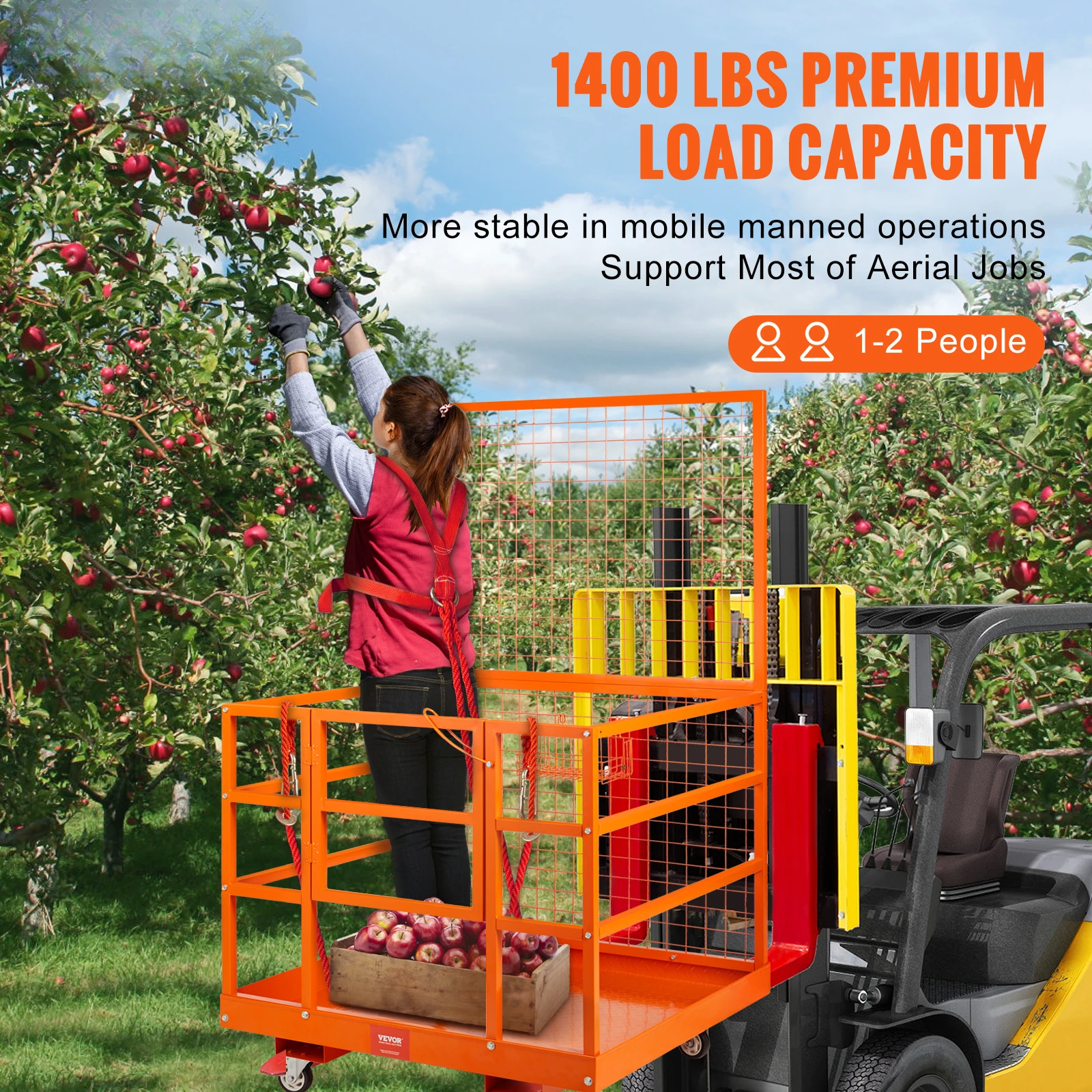 Forklift Safety Cage, 1400lbs Load Capacity, 43'' x 45'' Forklift Work Platform with Safety Harness & Lock, Drain Hole