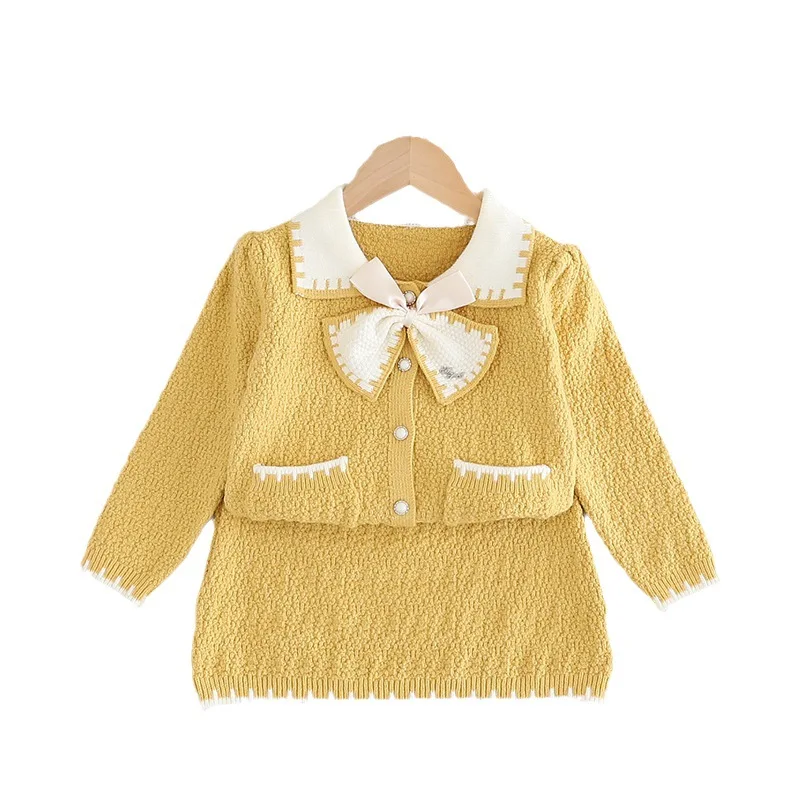 Girl's sweater dress sweet bow small fragrant wind knit dress autumn and winter new sweater dress girl baby Korean