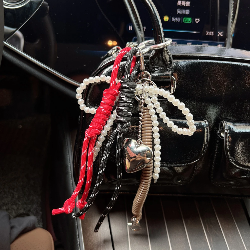 Colorful Hand Woven Ropes Korean Sweet Bowknot Keychain Bag Pendant Imitate Pearl Car Keyring Metal Heart Braided Strap