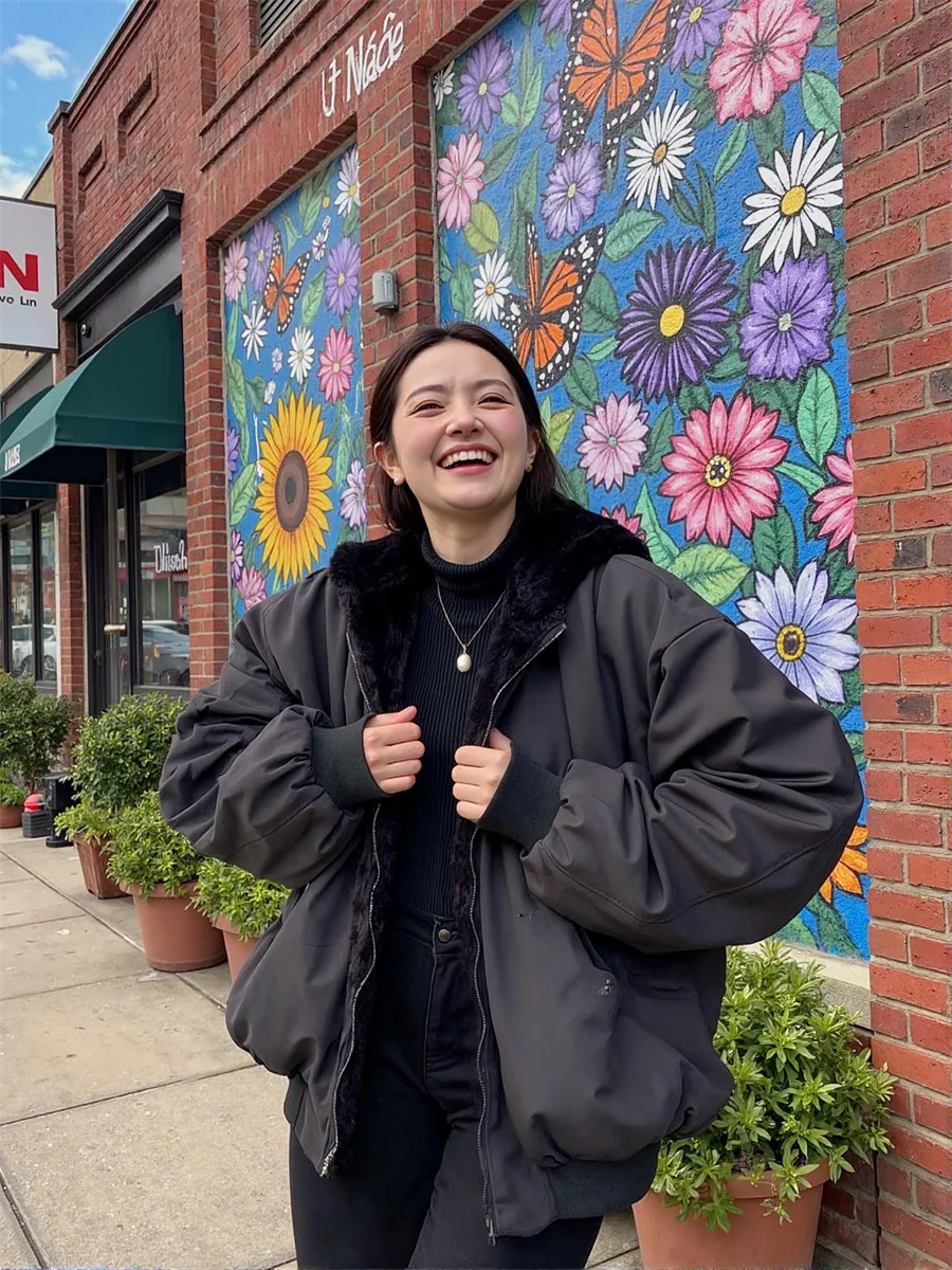 Parkas ผู้หญิงสบายๆแฟชั่นเกาหลีเสื้อแขนยาวผ้าฝ้ายเบาะแจ๊กเก็ตสีทึบสบายความงามกระเป๋า