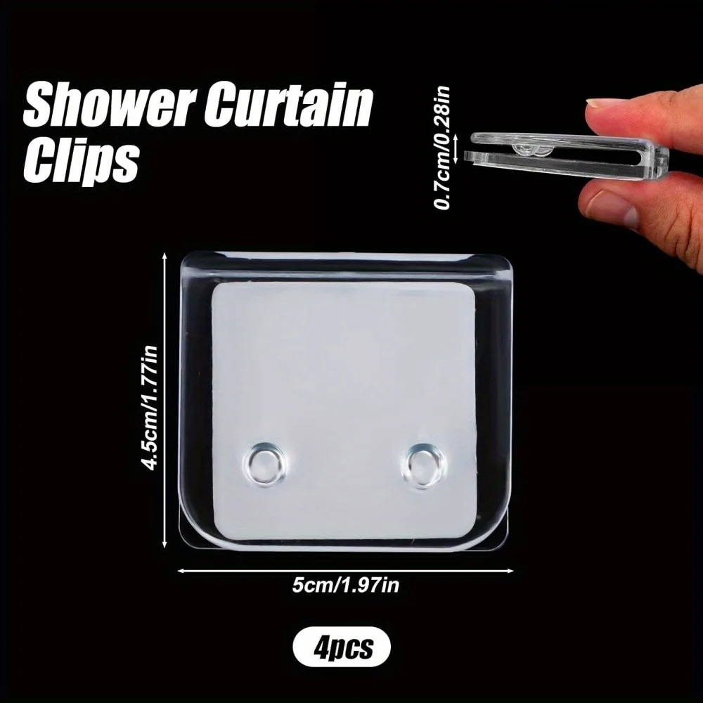 4 pcs Windproof Shower Curtain Clips, Clear Self-Adhesive Shower Splash Guard No Drill Shower Curtain Wall Holder