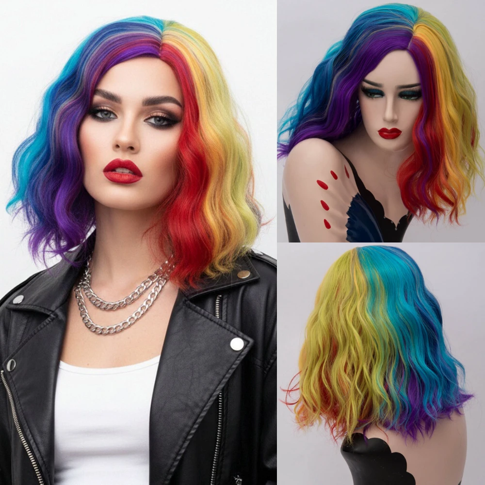 

Женский короткий волнистый парик с челкой по центру, синтетический, для повседневного использования, косплея, вечеринок, термостойкий волоконный материал