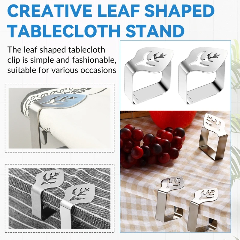 8 Pcs Silver Stainless Steel Tablecloth Clip Creative Leaf-Shaped Table Fixing Clip Thickened Non-Slip Tablecloth Rack-ABEO