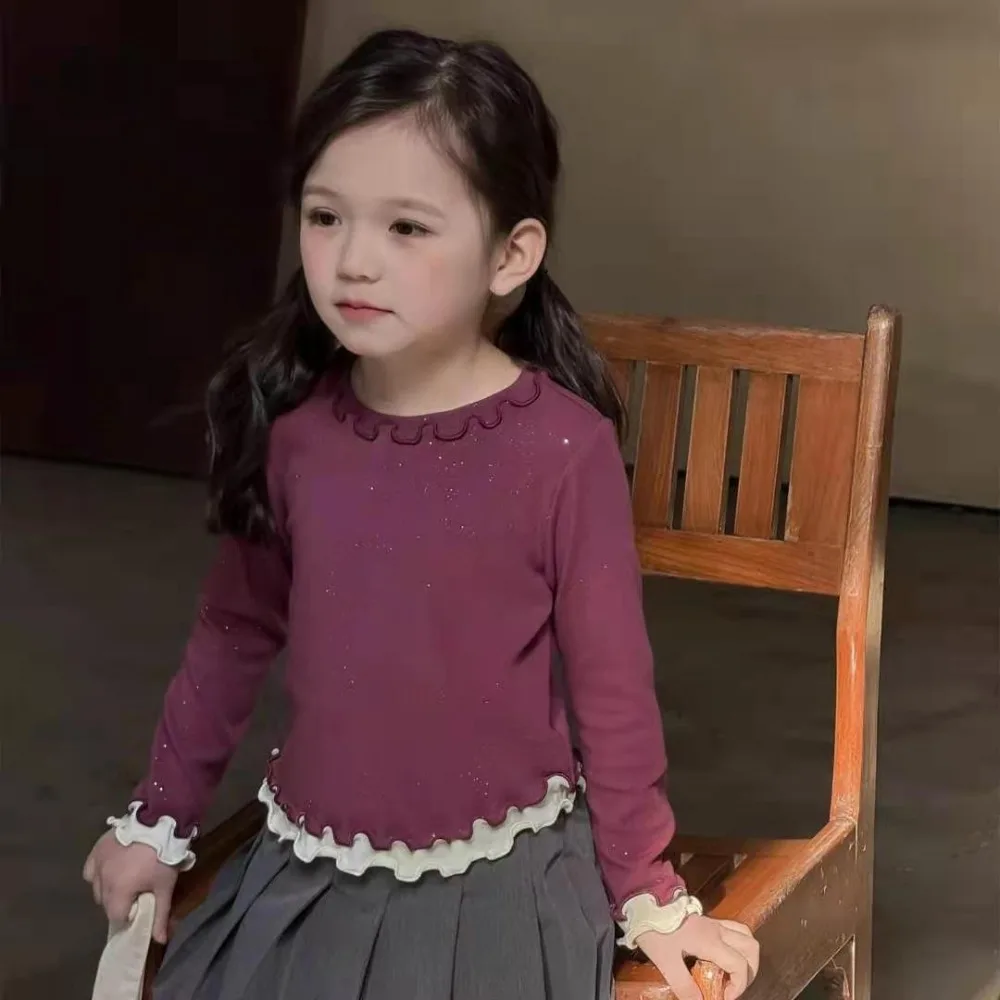 Bear Leader الربيع والخريف جديد الفتيات أسفل القميص النسخة الكورية أزياء من الدانتل الربط وهمية قطعتين طويلة الأكمام تي شيرت