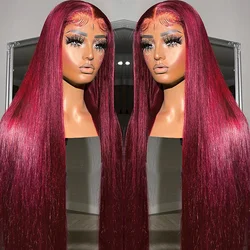 99J Burgundy Red 13x6 Lace Front Human Hair Wigs Glueless Colored Straight 13x4 HD Lace Frontal Closure Wig 30 34 Inch Red Wig