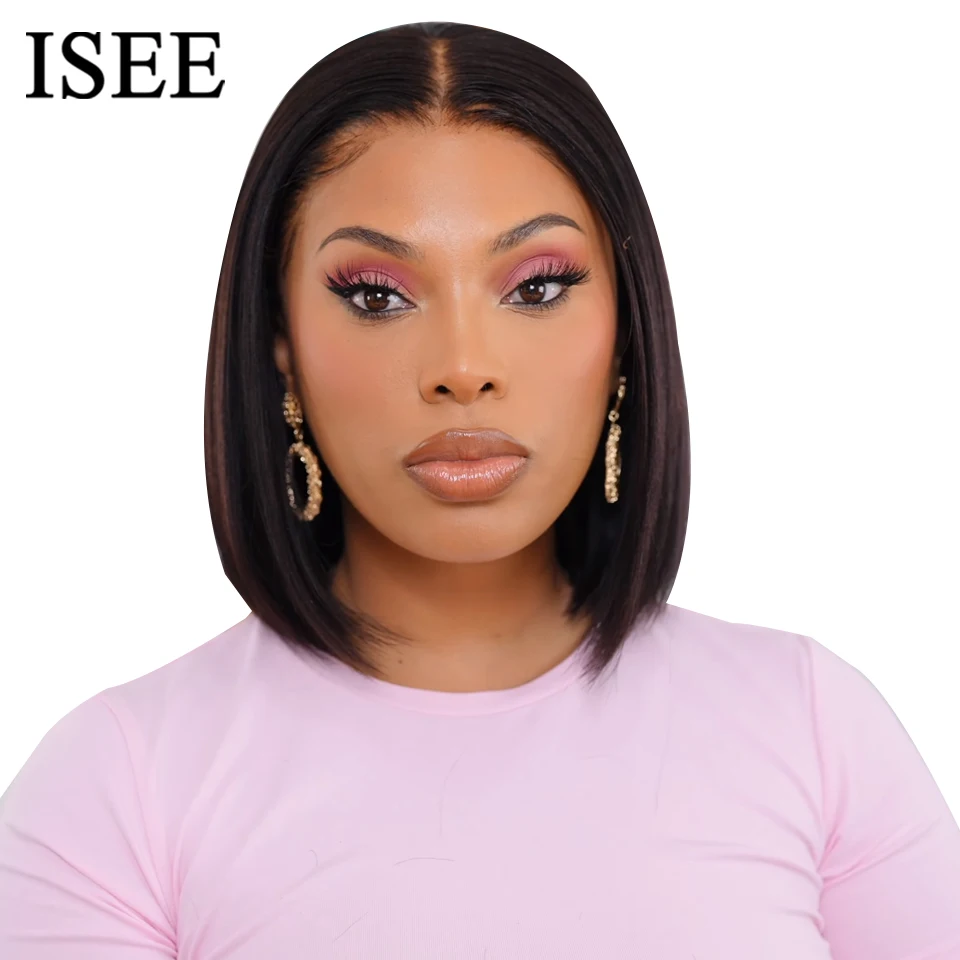 ISEE Hair Wear Go Glueless Bob Wig Straight Lace Front Human Hair Wigs 6X4 HD Transparent Pre Cut PrePlucked Wig Ready To Wear