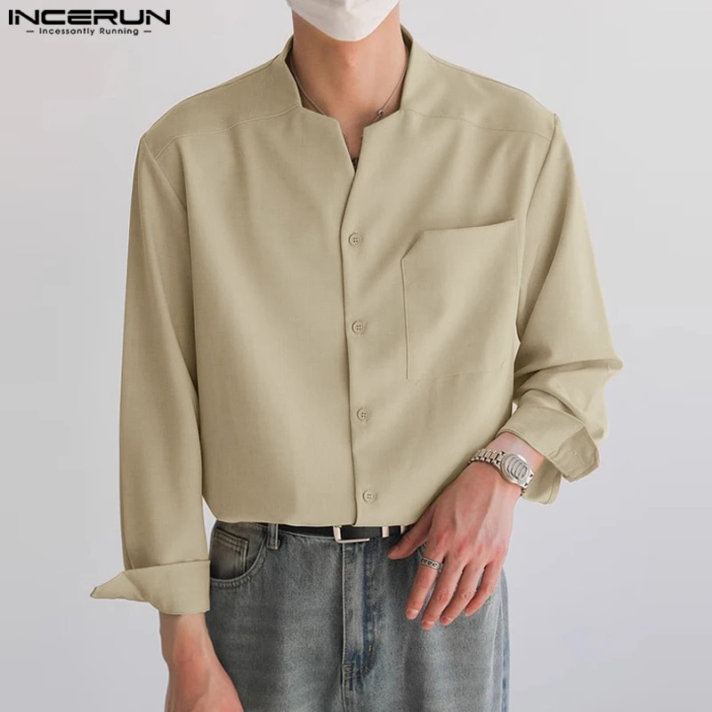 2024 Men Shirt Solid Color V Neck Long Sleeve Streetwear Fashion Casual Men Clothing Korean Style Leisure Shirts S-5XL INCERUN