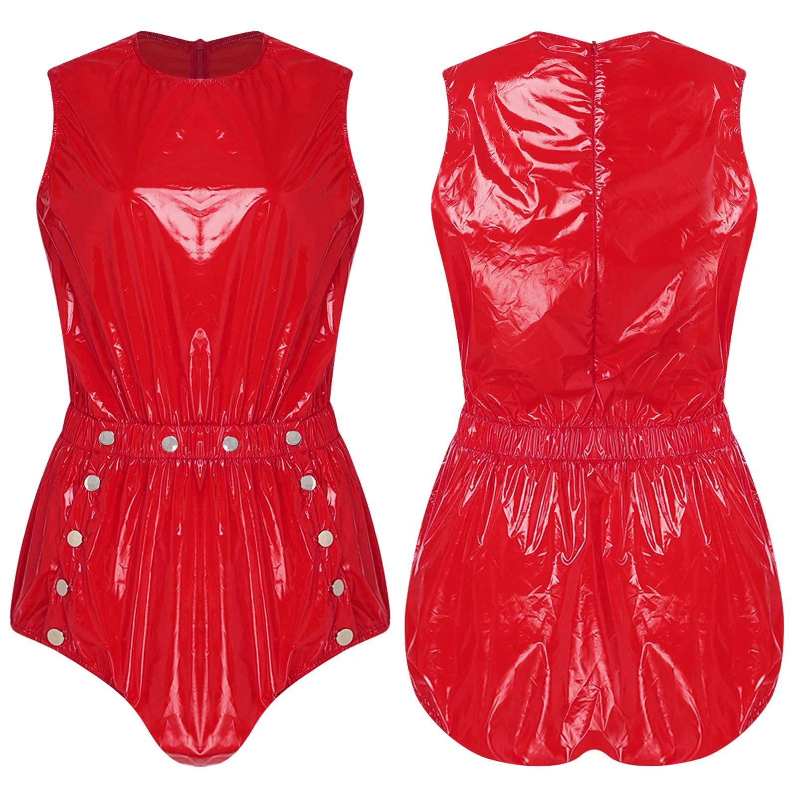

Sexy Women Shiny PVC Waterproof Jumpsuit Sleeveless Back Zip Elastic Waistband Stretchy Quick Dry for Swim Clubwear Beach Summer