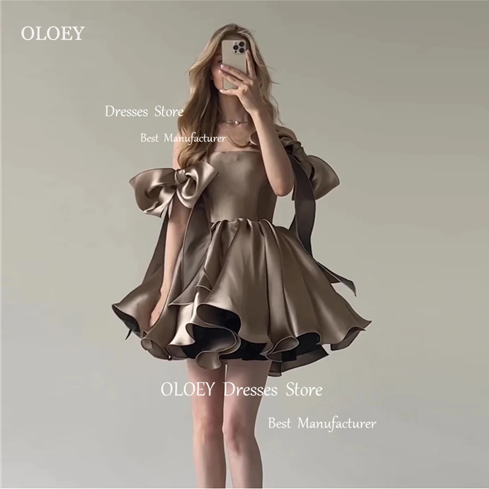 

OLOEY 2024 Sexy Evening Dresses Lace-up Bow Sleeves Above Knee Solid Color Satin Prom Dress Photoshot High Waist Party Dress