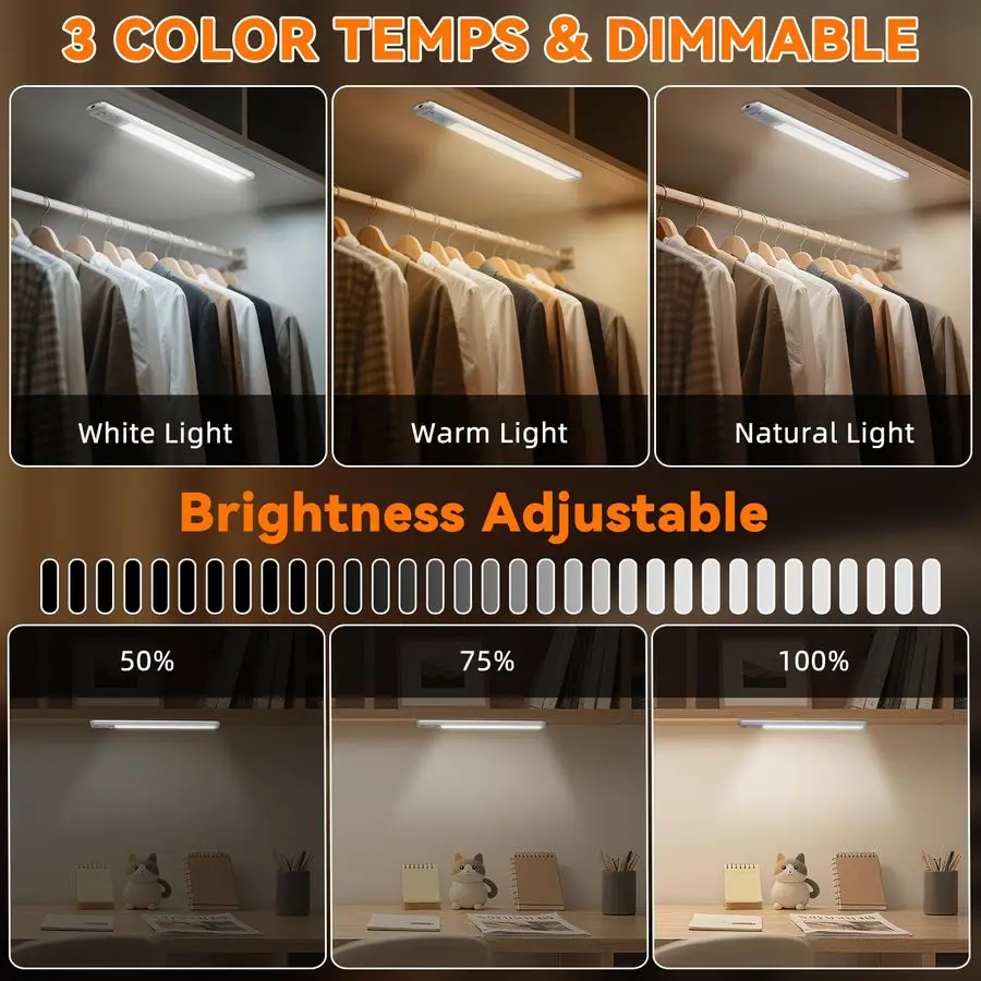 Cabinet Lighting Wireless, Motion Sensor Light Indoor Rechargeable, 3 Color Dimmable Closet Light Battery Operated with LED Powe