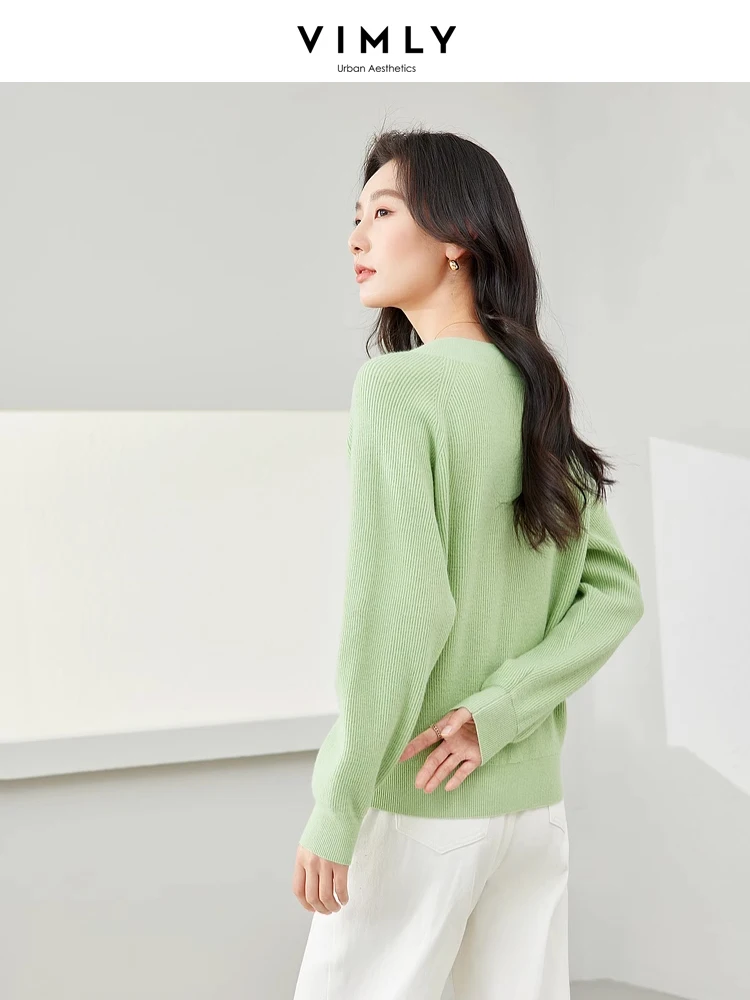 Vimly V-neck Knitted Sweater Women Green French Style Knitwear 2024 Spring Rib Knit Jersey Long Sleeve Top Female Jumper 72912