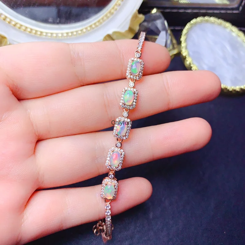 

New Opal Bracelet 925 Sterling Silver Ladies Treasure Bracelet Flashing Fire Color Girl Gift 4x6mm