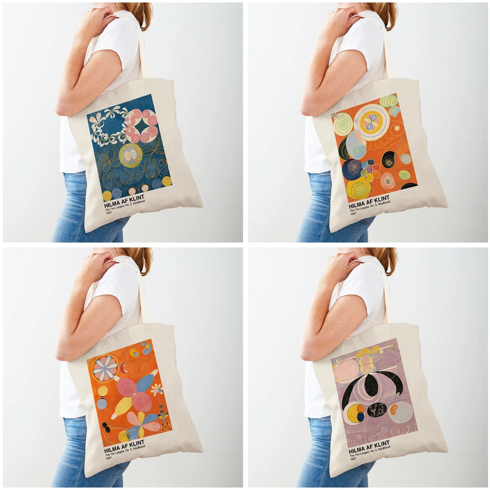 Hilma Af Klint Geometry Line Boho Art Supermarket Shopper Bag Lady Tote Handbag Double Print Casual Canvas Women Shopping Bags