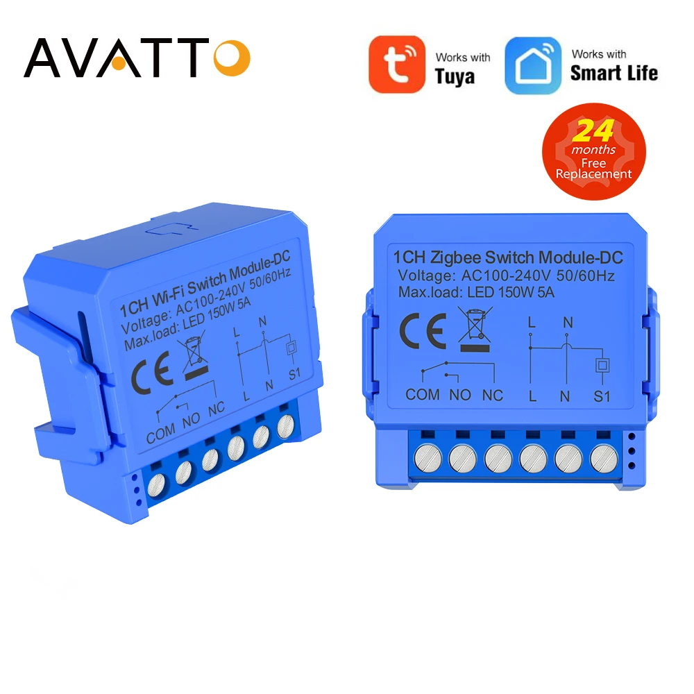 AVATTO Tuya Zigbee/WiFi Smart Switch Remote Control 1ch Relay Module 24V 220V Dry Contact for Light Motor Alexa Google Home