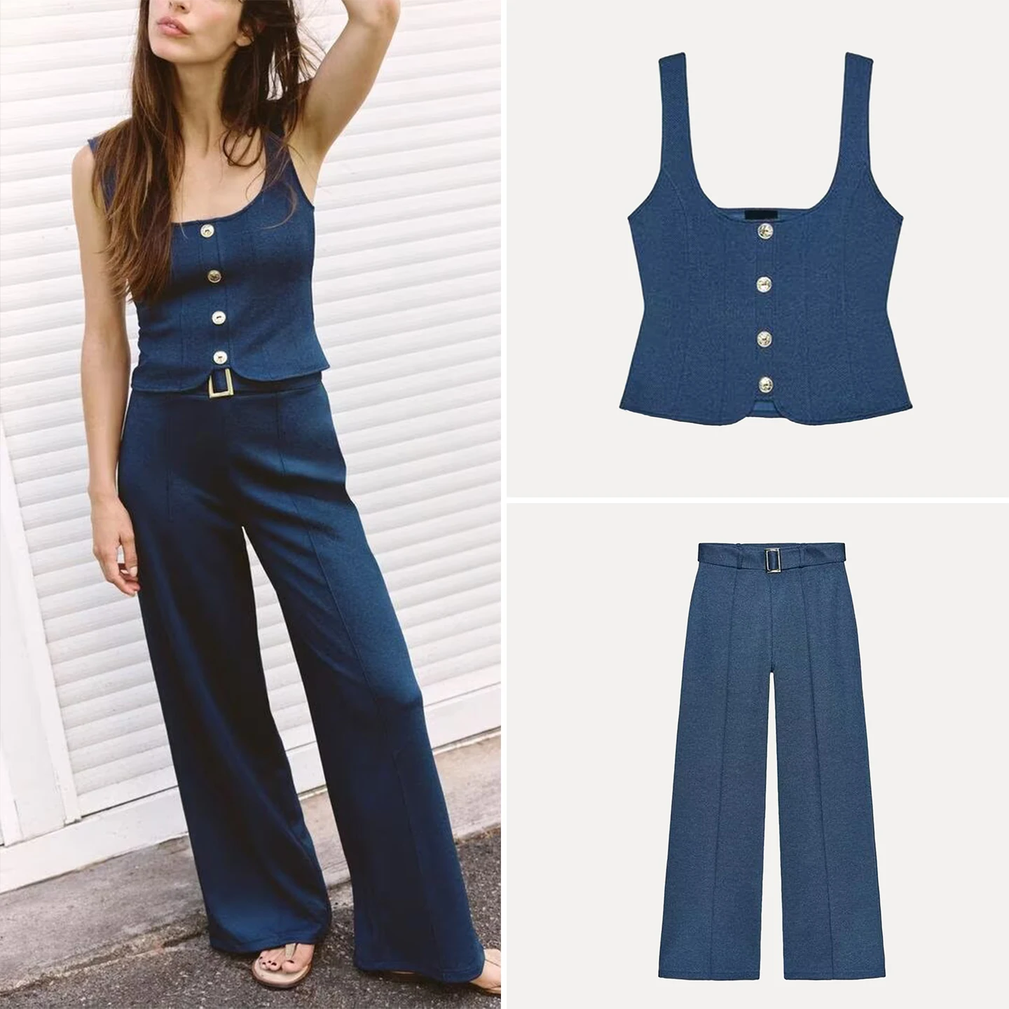 Z Damen Faion Set Casual Sle Button Decorated Diagonal Pattern Top mit Gürtel Hose ort Sve round Ne