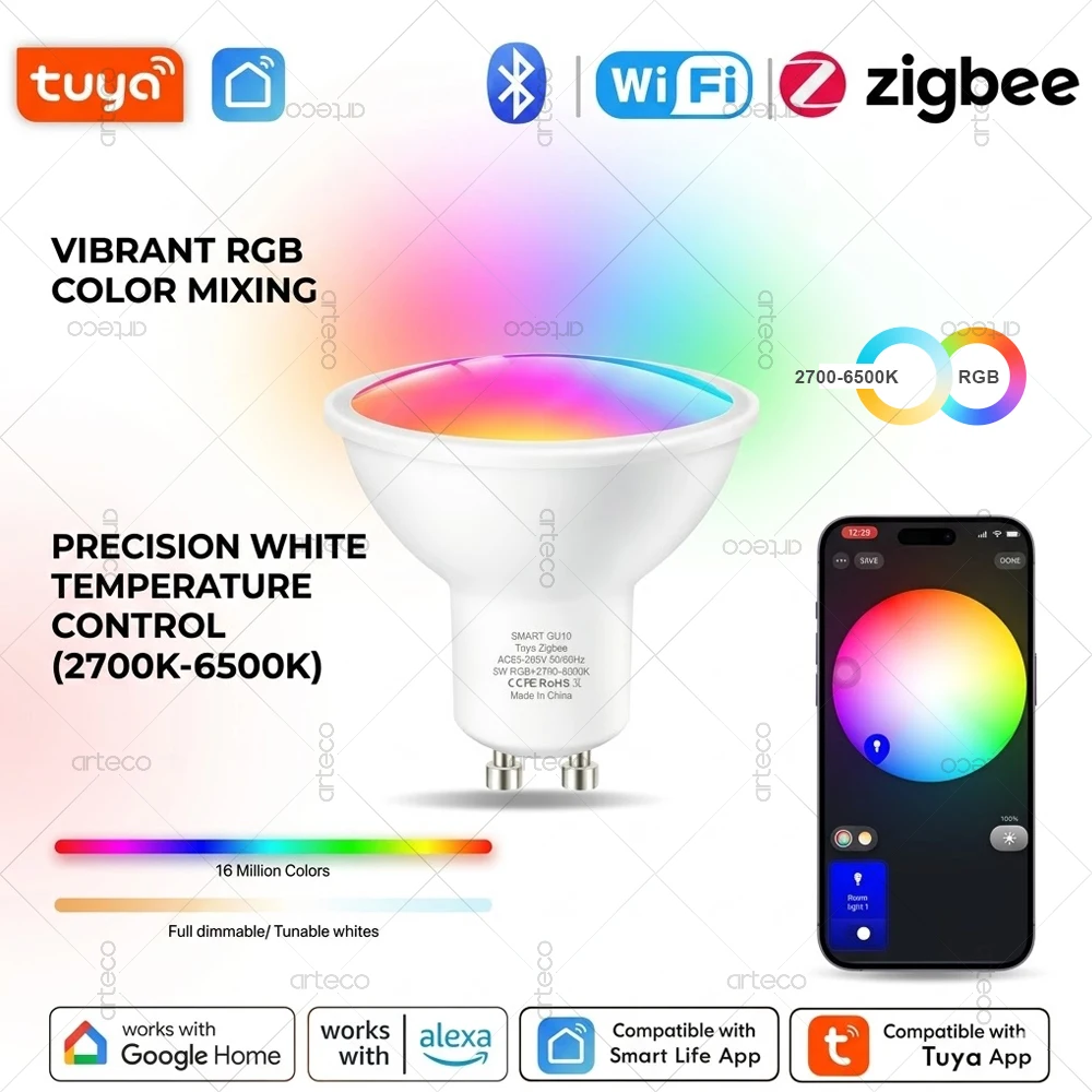 

Smart GU10 Light Bulb,RGB Color Changing Dimmable,ZigBee/Wi-Fi/Bluetooth Connectivity,Voice Control Alexa/Google,Tuya Smart Life