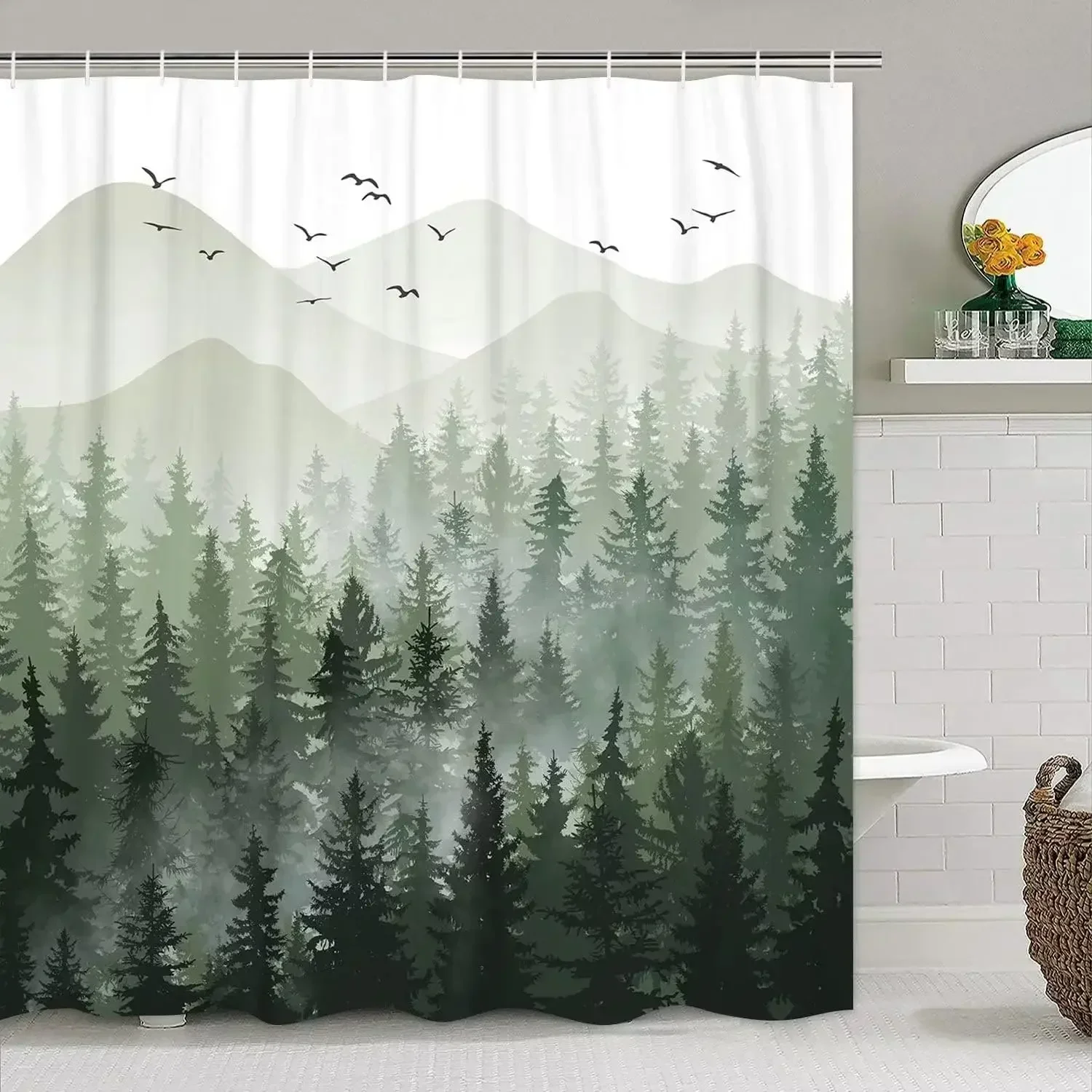 Fall Shower Curtain, Rustic Style Art For Autumn Leaves In Abstract Woodland Graphics Of Smoky Mountains, Bathroom Decor Set