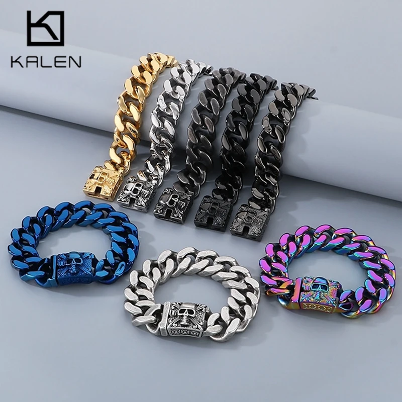 Kalen Gothic Cuban Chain Bracelet for Men Punk Stainless Steel With Skull Clasp Heavy Bracelet Vintage Charm Biker Party Jewelry