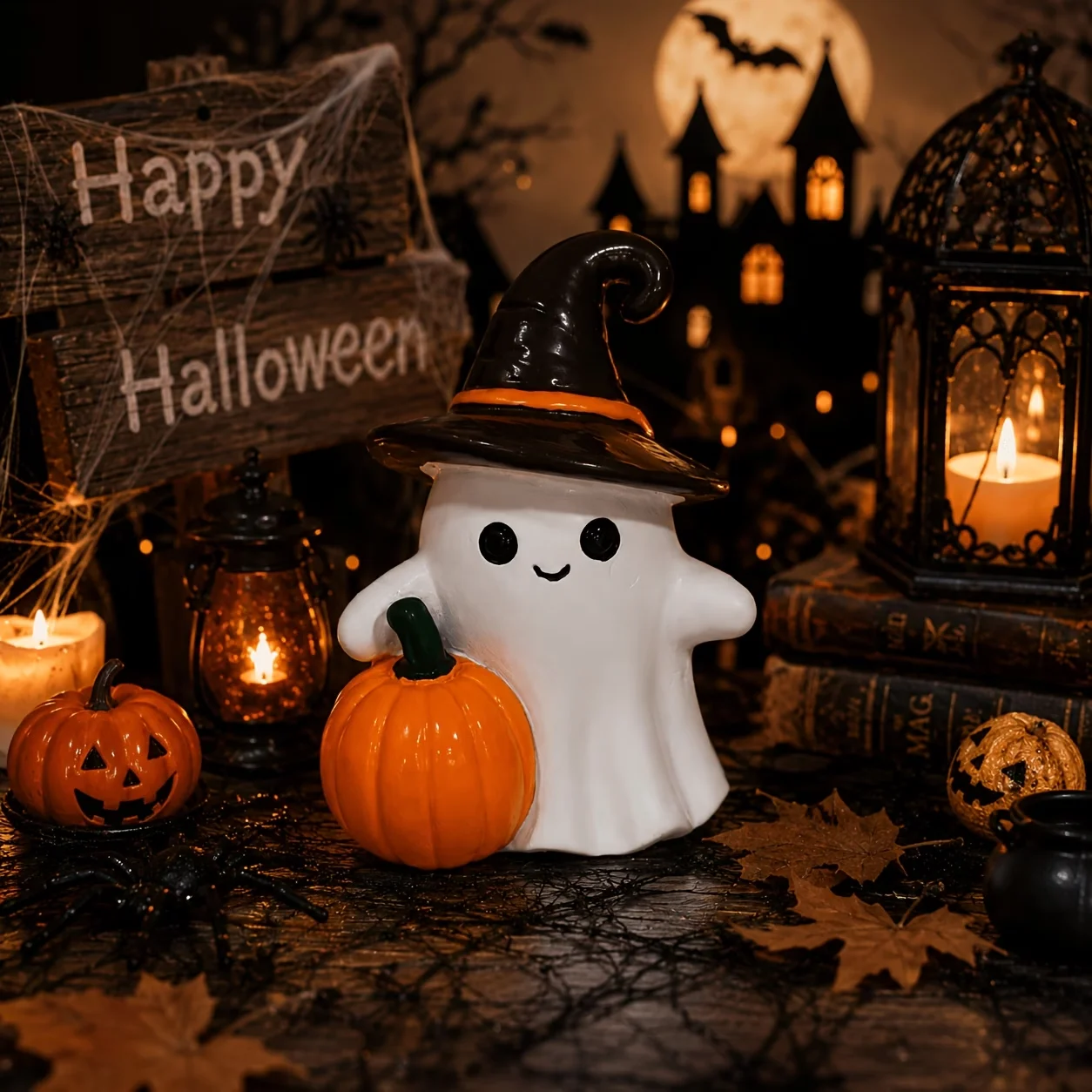 Estátua de Resina Bonita Fantasma com Chapéu de Bruxa e Abóbora, Decoração de Mesa para Casa de Halloween