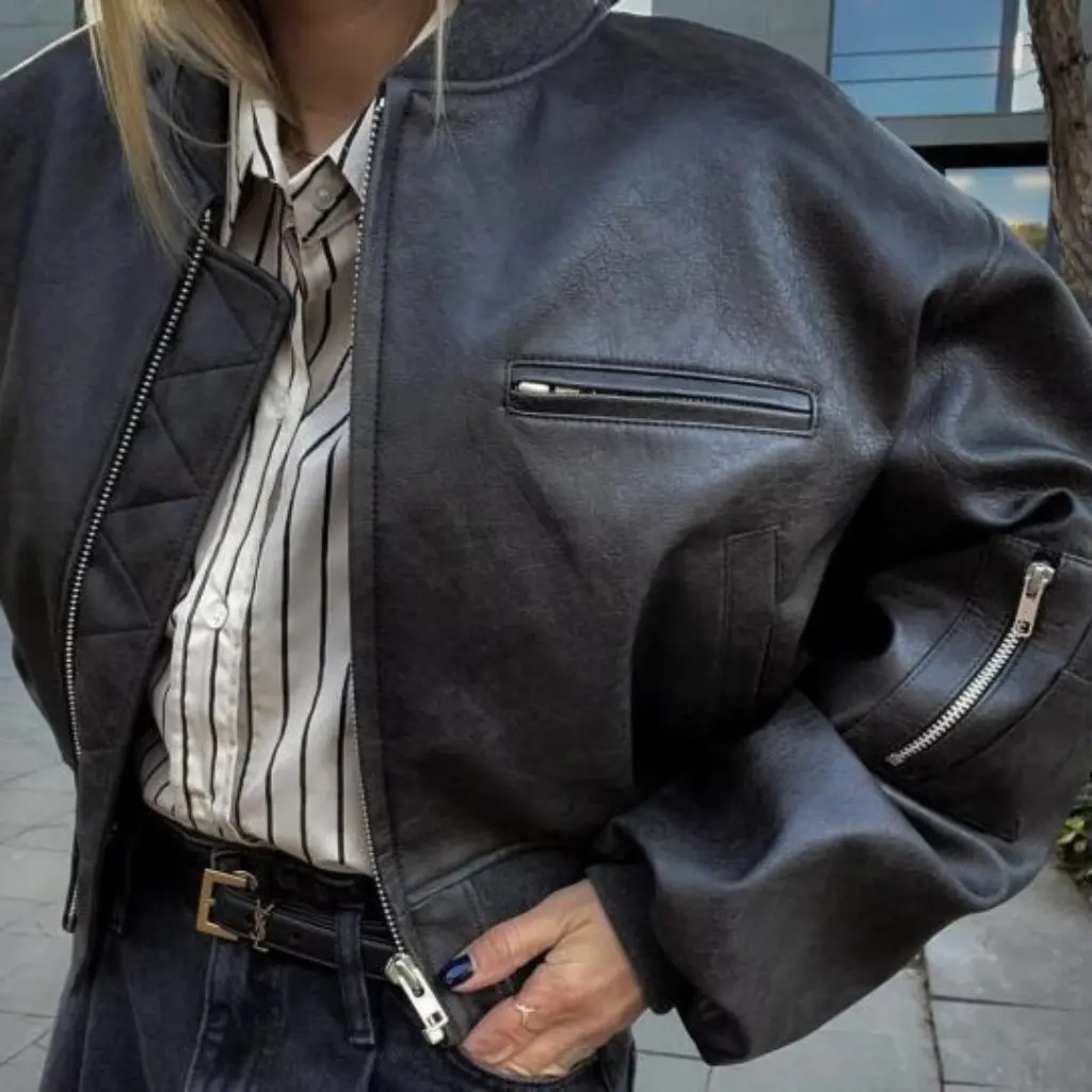 レディース レトロ PUレザー 中綿入りジャケット スタンドカラー ジップアップ ショート丈 野球ユニフォーム風トップス 秋冬 ホットガール向け