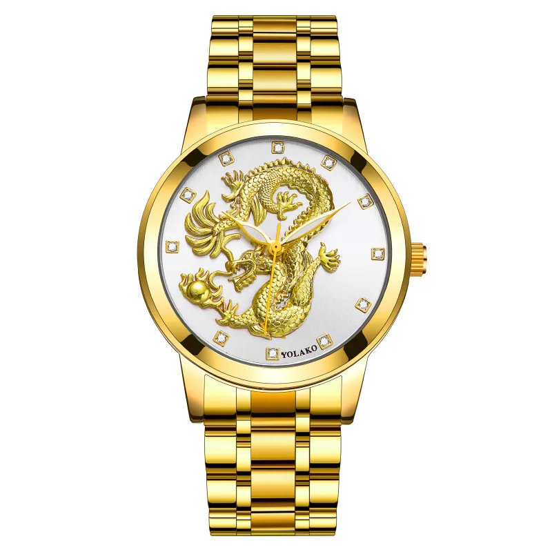 Montre Dragon Style Chinois pour Homme, Non Mécanique, Diamant, Étanche, Ceinture en Acier, Quartz, Or, Fa
