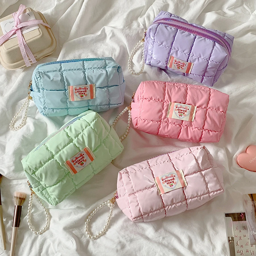 Bolsa de maquillaje bonita para mujer, bolsas de cosméticos pequeñas de viaje portátiles, bolsa de aseo con cremallera de Color sólido, bolsa de lavado, bolsas de almacenamiento