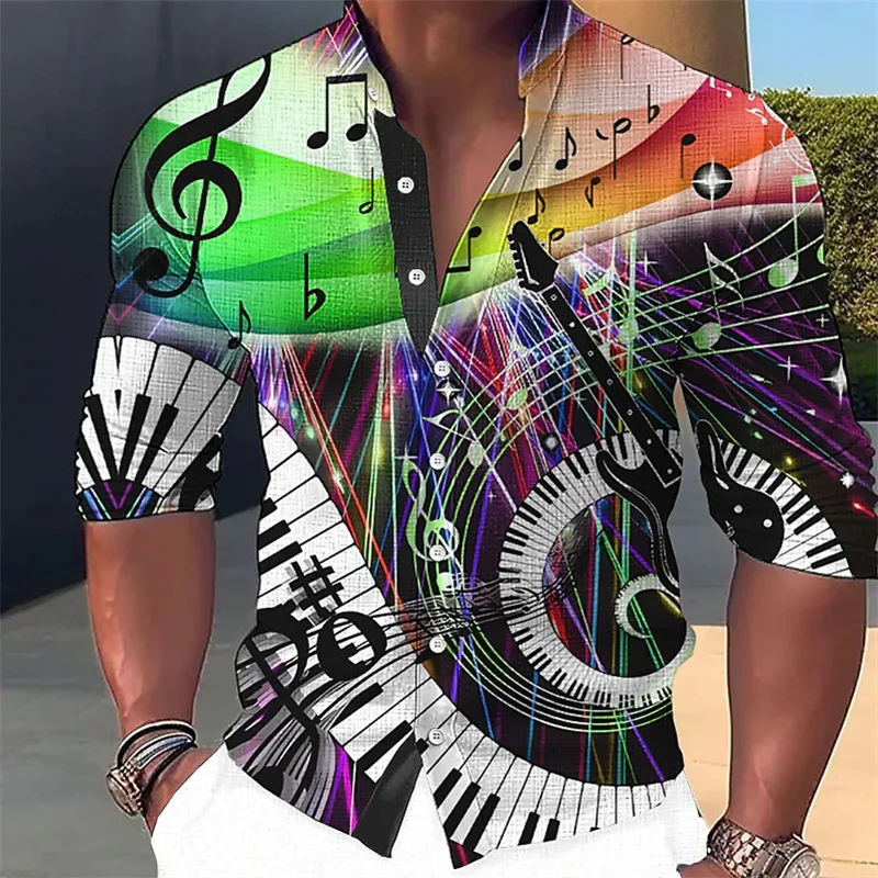 Camicie da uomo con colletto alla moda in lino Cool Music Festival Notes tasti per pianoforte stampa HD maniche lunghe Party Fashion 2023 Plus Size