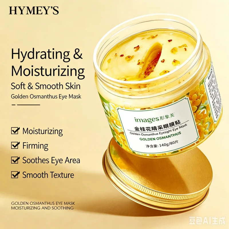 1 Box of 80 Eye Mask Patches Contains Golden Osmanthus Flower Essence, Antioxidant and Brightening Properties, Jelly Gel Texture, Adheres to the Eye Area Without Slipping, Moisturizes and Hydrates, Reduces Dry Lines an