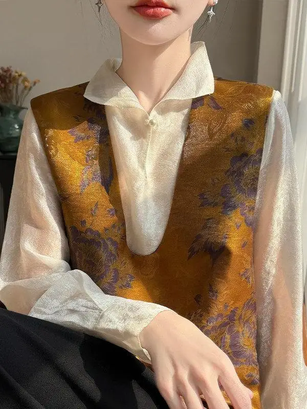 Elegant Silk Satin Vest Shirt Women's Loose Fitting Sleeveless V-Neck Texture Embroidery Outerwear Breathable Spring Fashion