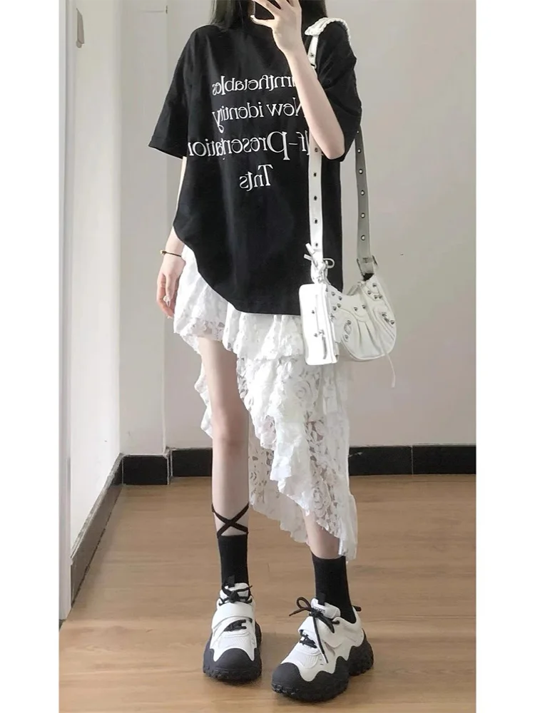 スパイシーガール ホワイト 不規則レース f スカート レディース 春夏新作デザインセンセーション 斜めミドル丈Aラインスカート