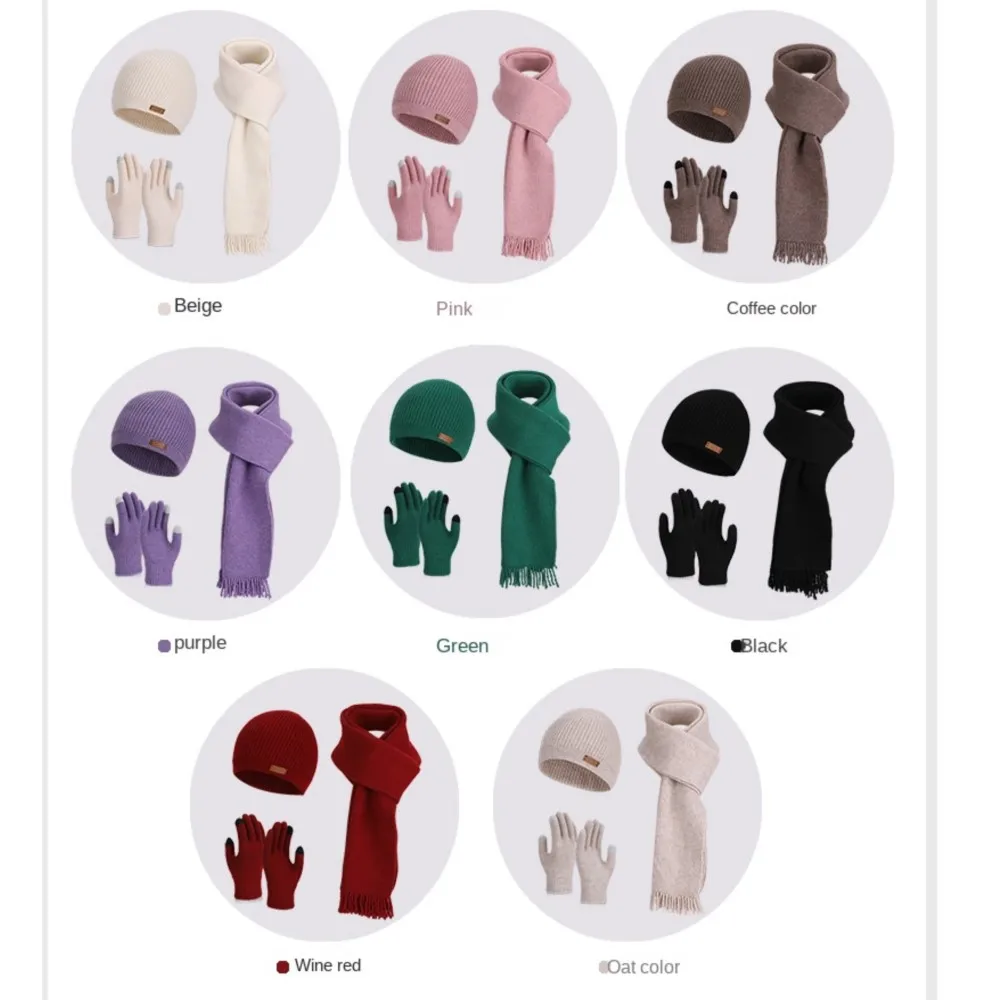 Adults 3Pcs Set Women Men Warm Set Knit Beanie Hat Scarf Touch Screen Gloves Cold Weather Gift Windproof