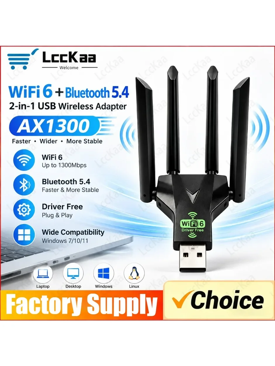 AX1300 WiFi 6 Bluetooth 5.4 USB-Adapter Dual-Band 2,4G/5G 1300Mbps WLAN-Karte WiFi-Dongle für PC Laptop Treiberfrei