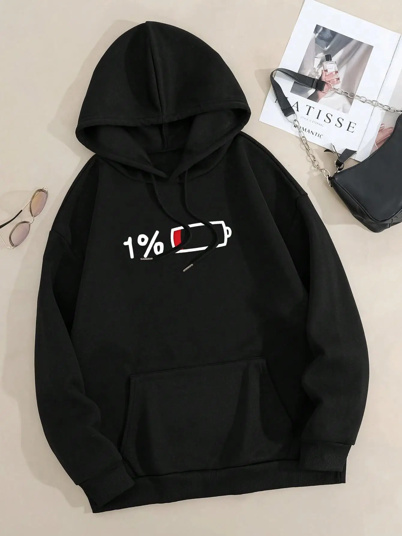 The Phone Only Has The Last 1% Battery Left Hooded Female Fashion Soft Hoodie Autumn Oversize Sweatshirt Loose Casual Streetwear