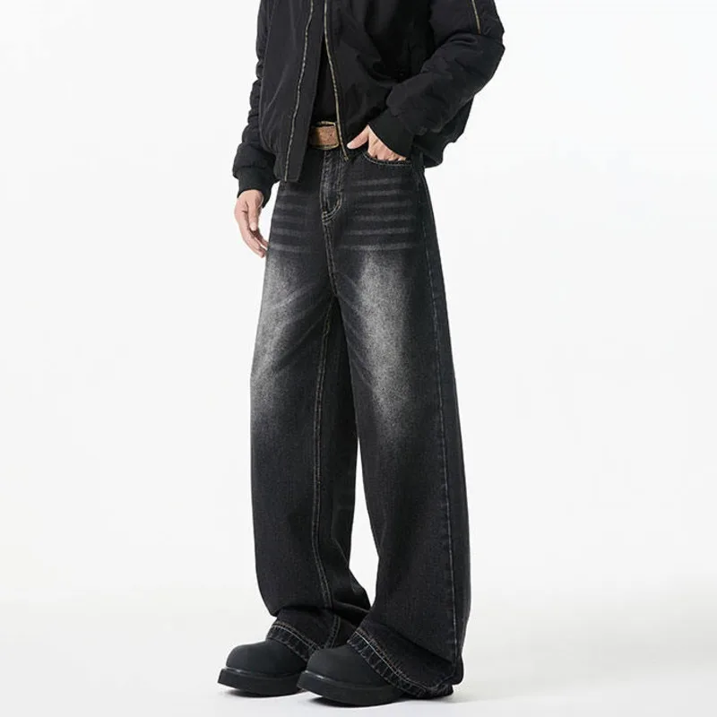 LUZHEN 2026 Winter Fashion Fleece Liner Thickened Warm Straight Jeans Men's Vintage Gradient Washed Wide Leg Denim Pants JY9417