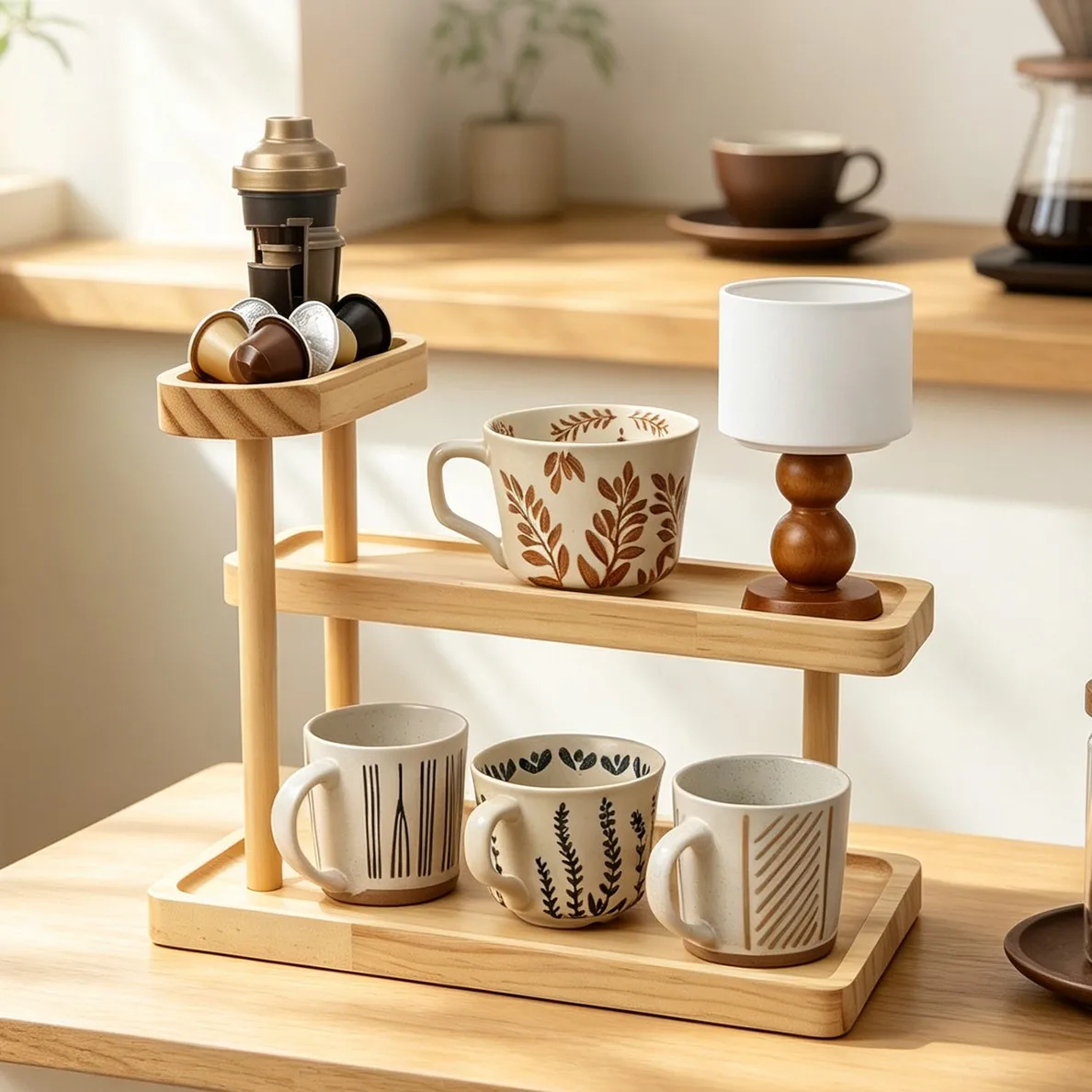 3-Tier Tabletop Cup Rack Wooden Matcha Station Display Coffee Tea Bar Dining Counter  Desktop Kitchen Spices Storage Shelf