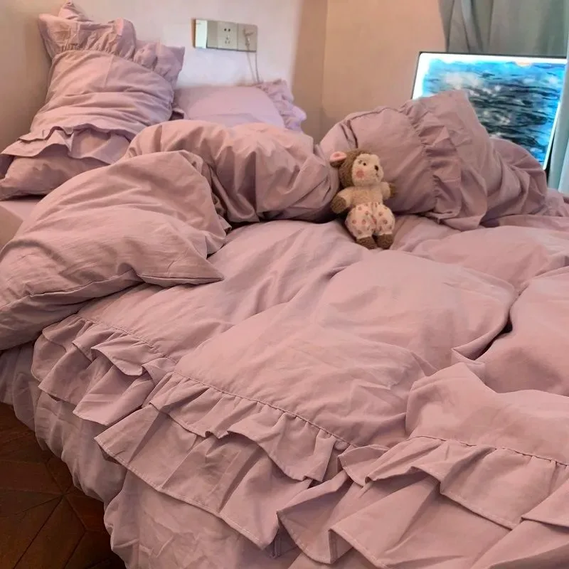 

Princess Style Purple Ruffle Duvet Cover Set - Washed Cotton 4-Piece/3-Piece Bedding Double Size/Dorm Sheet Set