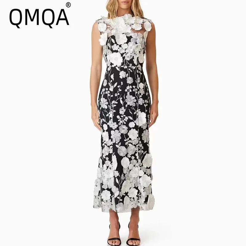 QMQA Fashion Women's Patchwork Appliques Dresses Strapless Sleeveless Backless High Waist Embroidery Elegant Dress Female 1A744