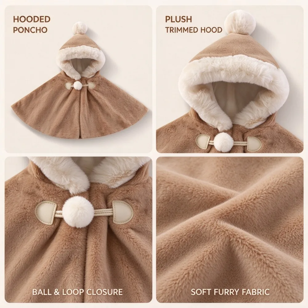 Infant Baby Girl Furry Hooded Poncho Children Winter Thick Plush Cape Pom Pom Decor Kids 1 to 8 Years Warm Outer Cloak