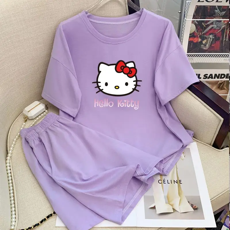 Hello Kitty Anime Cartoon Cute Colorful Pajama Lady Cute Summer Ice Silk Short Sleeve Shorts Comfortable Women Home Wear Set