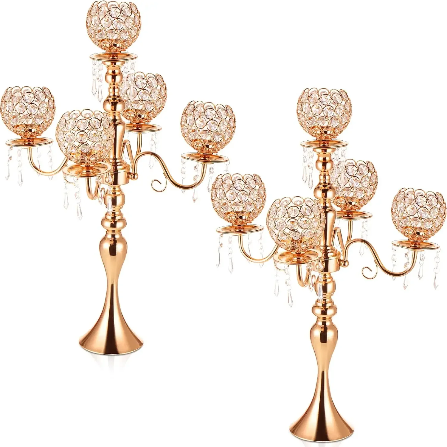 2 Pack 5 Arms Gold Candelabra Centerpiece with Crystal Pendant 26 Inch Tall Floor Crystal Candelabra Chandelier Crystal Beaded