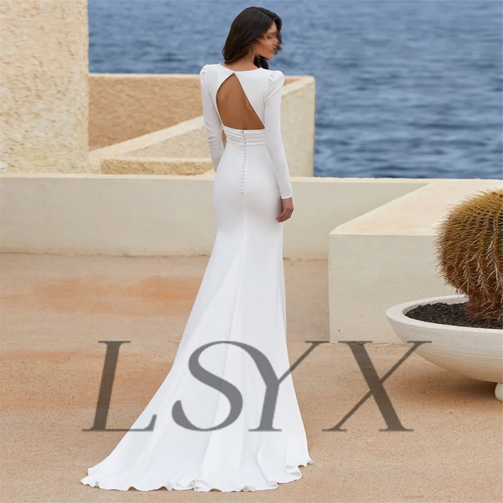 Lsyx personalizado simples decote em v profundo mangas compridas puff crepe sereia vestidos de casamento cortar aberto volta tribunal trem vestido de noiva