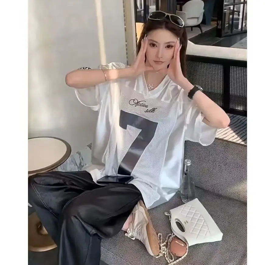 2026 Summer V-neck T Shirt for Women Loose Casual Breathable Quick Drying Fashion Sports T-shirt Jersey American Stylish Tees