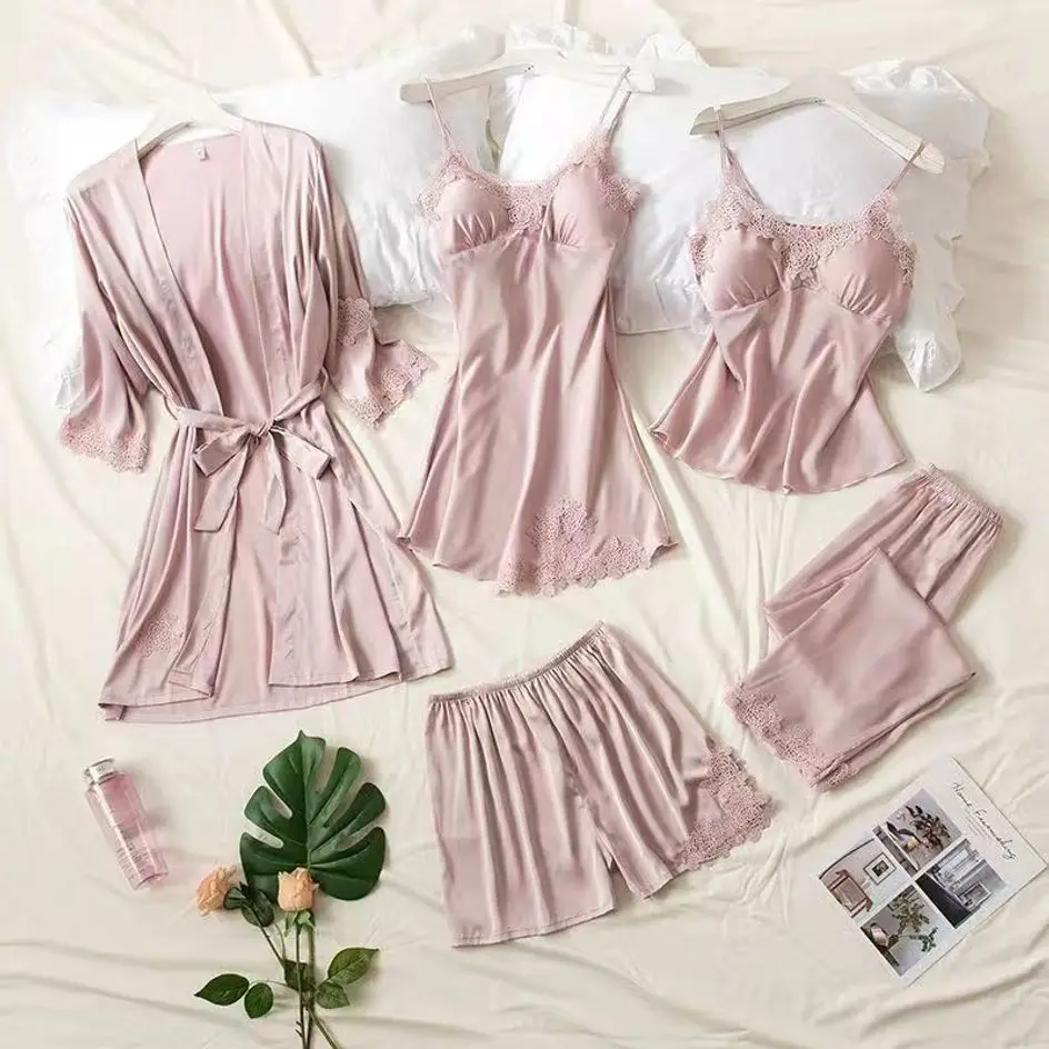 Women's five-piece ice silk thin large-size long-sleeved nightgown nightgown with chest pad can be worn outside