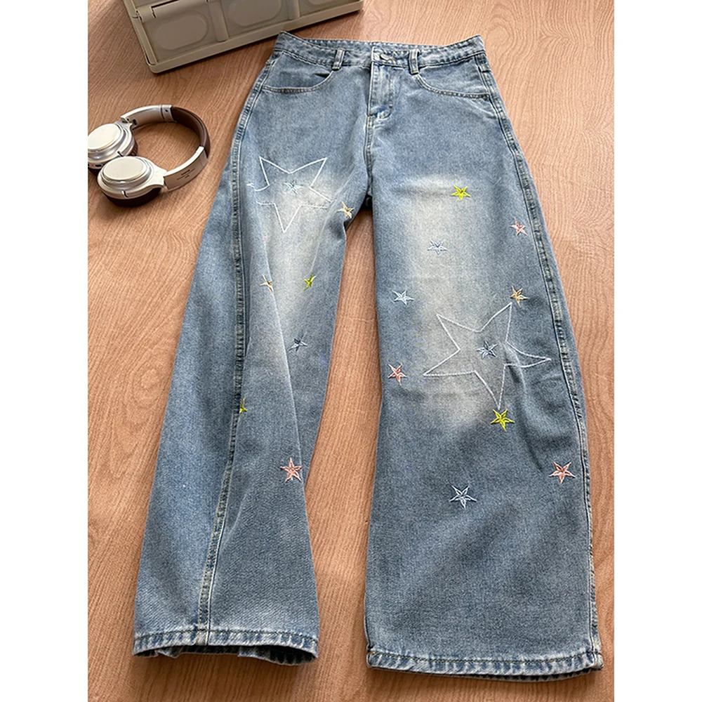 Mode Sterren Borduren Blauwe Jeans voor Dames Lente Herfst Hoge Taille Rechte Losse Denim Broek Retro Gewassen Blauwe Jeans