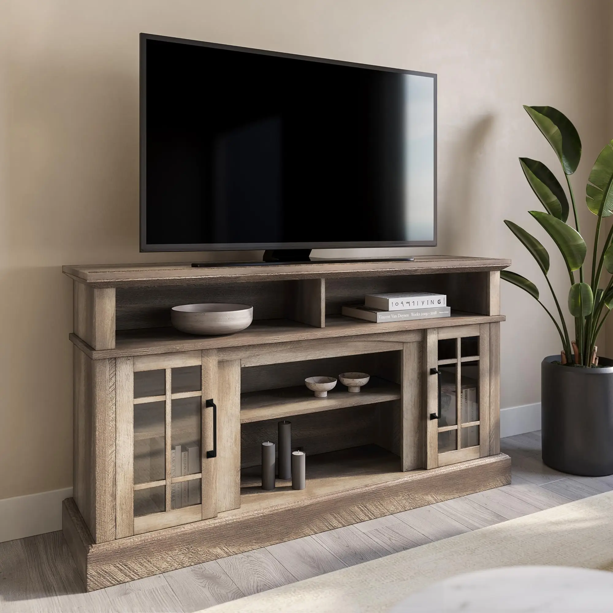 Traditional 58 Inch Rustic Wood TV Stand & Media Entertainment Center Console Table for TVs up to 65 Inches with Open